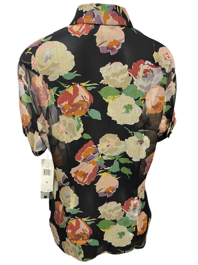 XL Lauren Ralph Lauren Sheer Floral Ruffled Button Down Blouse New Womens