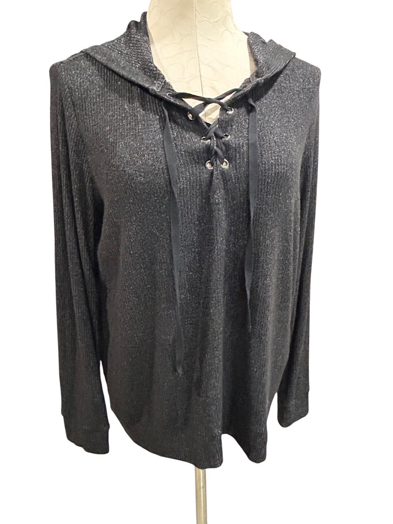 Large Market & Spruce Pullover Hoodie Soft Knit Lace Up Neckline Charcoal