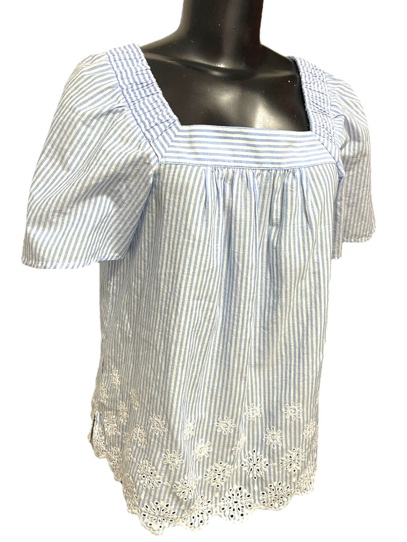 XS Loft Womens Flowy Blouse Shirt Striped Embroidered Blue White