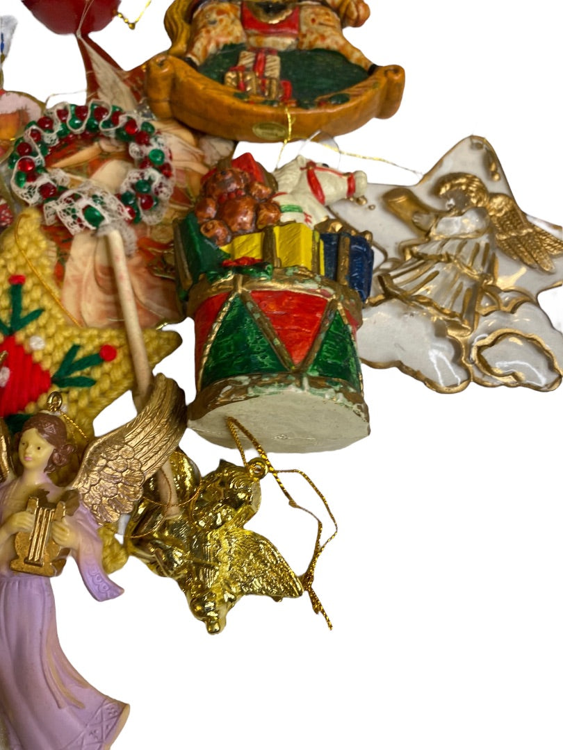 Lot of 25 Assorted Hanging Holiday Ornaments Bells Apple Drum Angel