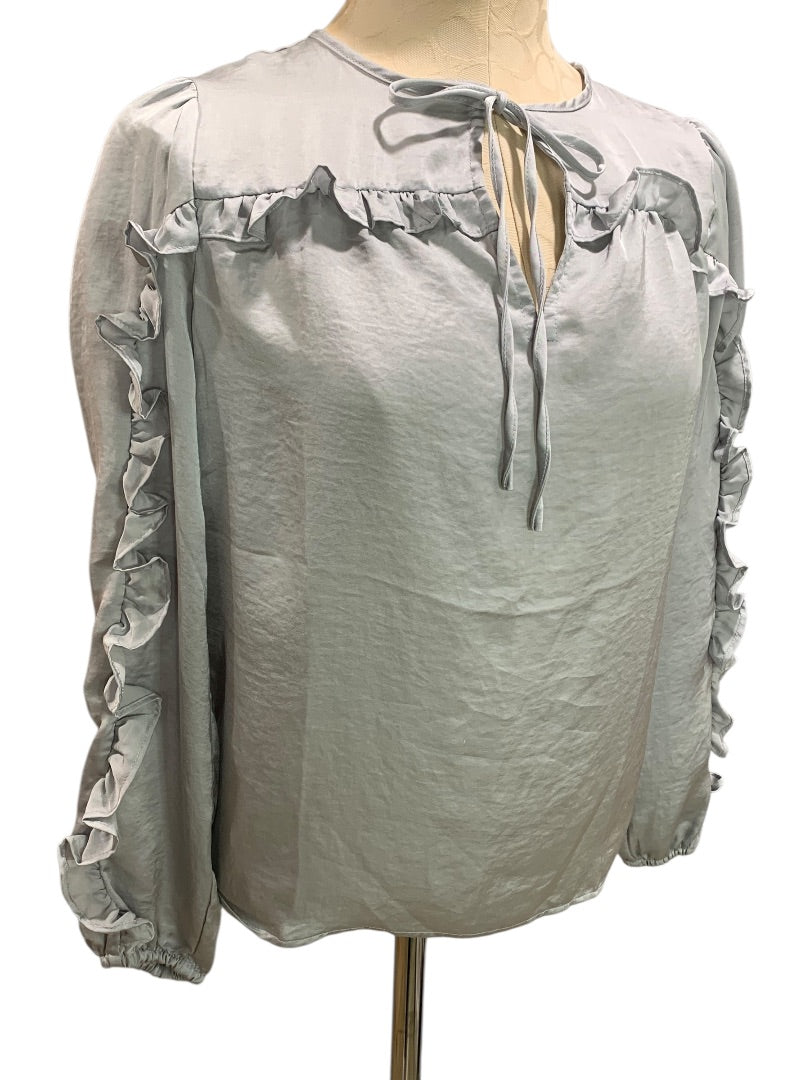 XXSP Loft Petites Womens Gray Satiny Pullover Blouse Ruffle Detail
