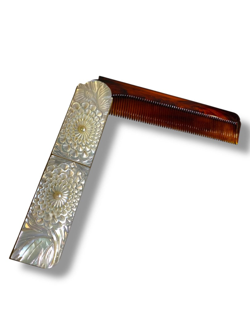 Vintage Folding Pocket Comb Ornate Carved Mother of Pearl 4.25"