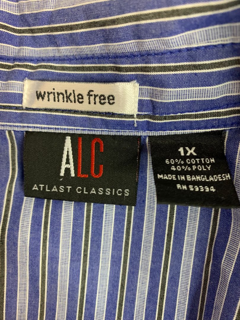 Size 1X ALS Wrinkle Free Blue Stripe Womens Button Up Shirt Wrinkle Free