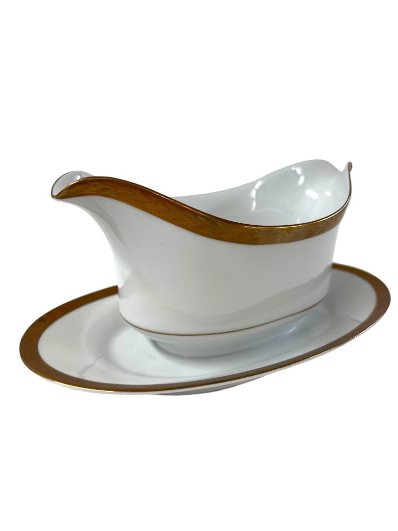 Sango Royalty Pattern White Gold Trim Gray Boat with Attached Underplate 1970s