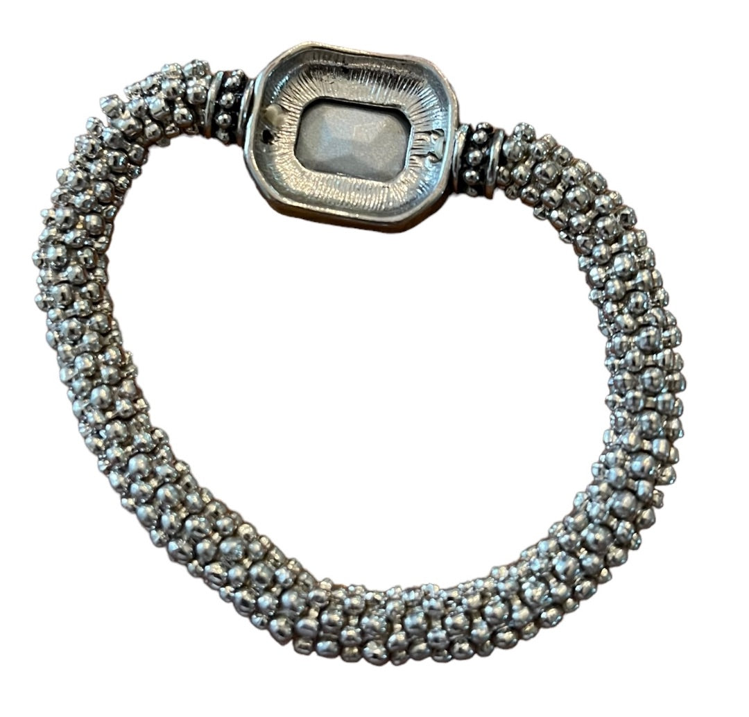 Silvertone Roll On Stretch Bracelet Pink Faceted Glass