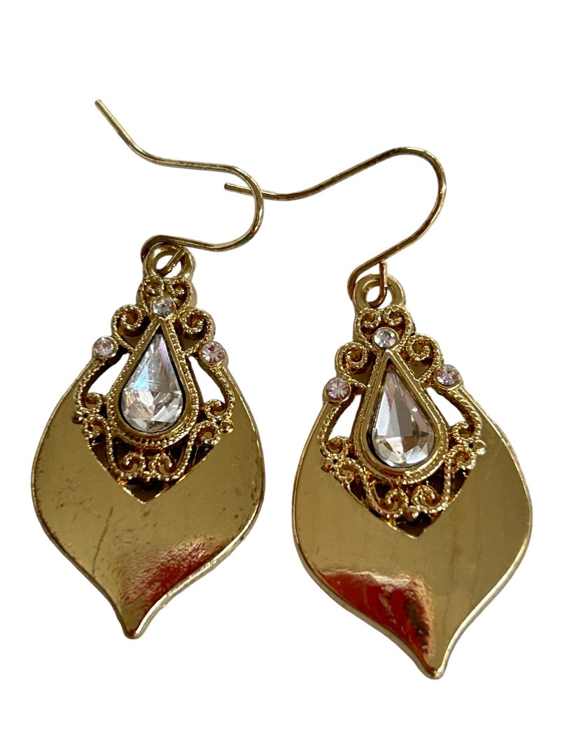 Goldtone Pierced Hook Earrings 1 3/4" Drop Dangle Teardrop Shape