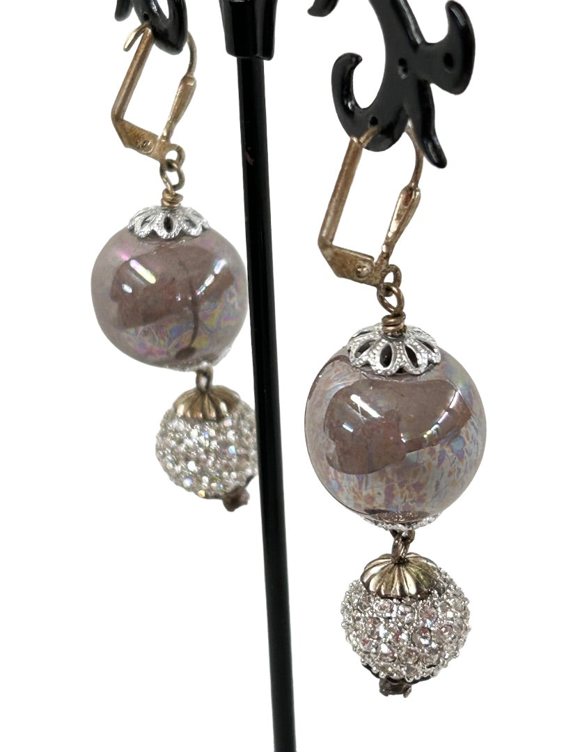 Vintage Leverback Pierced Earrings Crystal Orbs 2.25" Drop Dangle