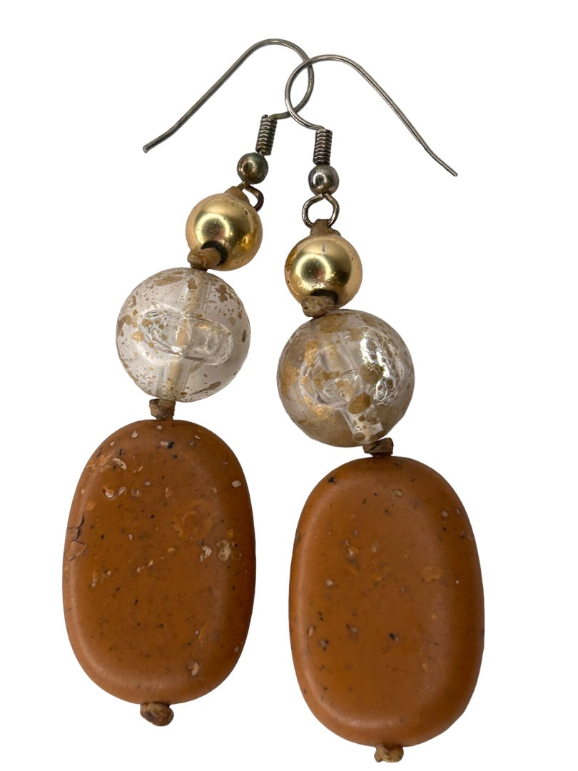 Faux Stone 2 1/8" Drop Dangle Pierced Earrings Hook Brown