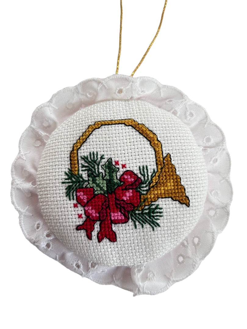 Set of 3 Handmade Cross Stitch Holiday Ornament Angel Duck Horn 2" Diameter