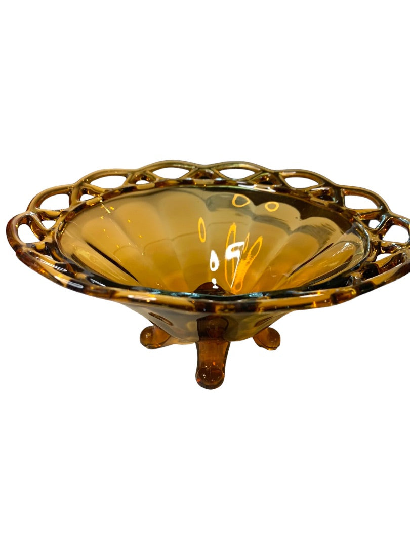 Pitman Dreitzer Lancaster Colony 1960s Amber Three Footed Glass Bowl 7.5"