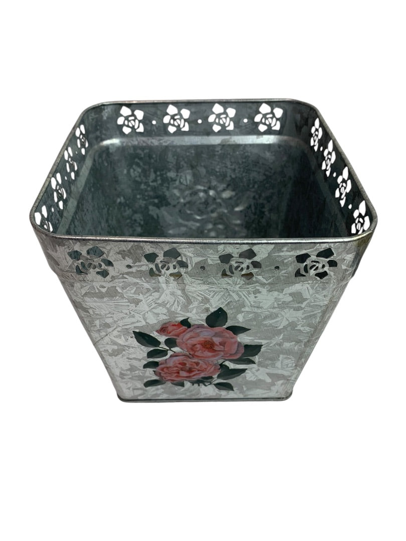 Square Galvanized with Embossed Roses Diecut Planter Vase Cottage 6 Inch New