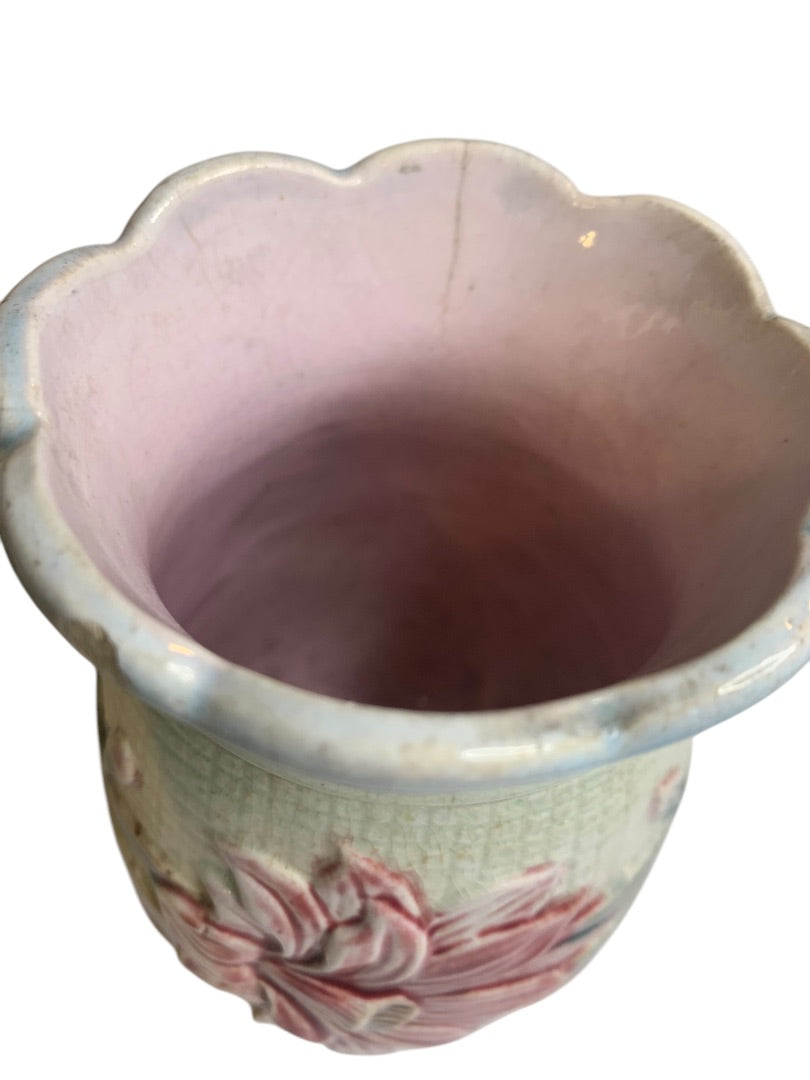 Antique Majolica Floral Vase 5.25 Inch Pink Blue Marked "H"
