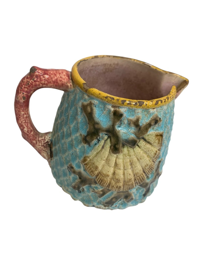 Antique Majolica Creamer Pitcher Fielding Shell Fishnet Turquoise Victorian England