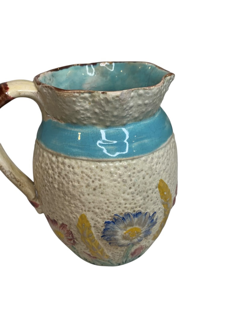 Antique Simon Fielding Majolica Pitcher Pottery Wildflower Blue Bow 4.5 Inch