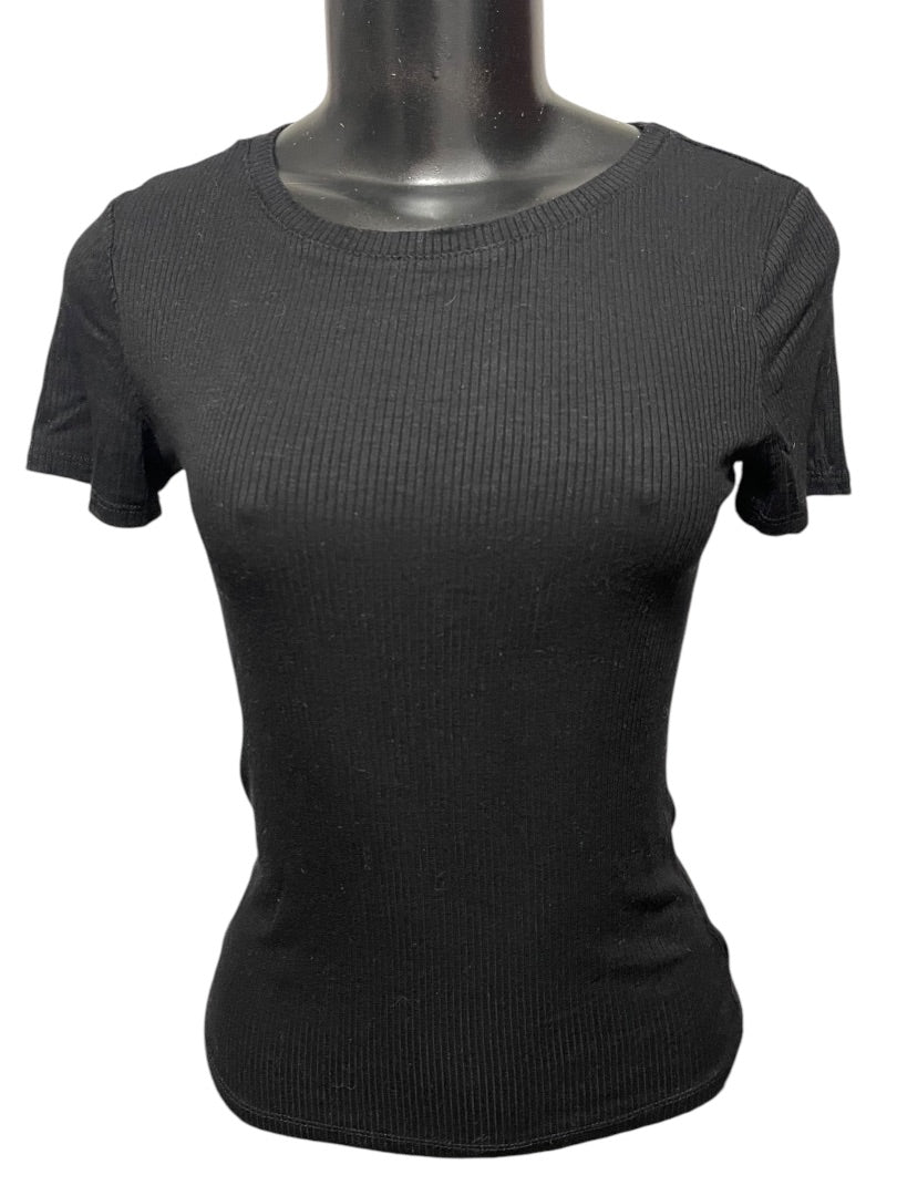 Medium Hashtag In Trend Short Sleeve Ribbed Womens Top Black