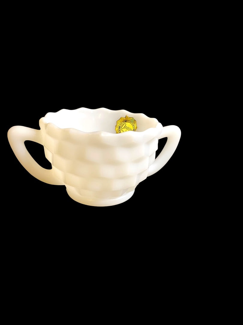 Hazel-Atlas Opaque Milk Glass Sugar Bowl with Sticker Starburst Geometric Design