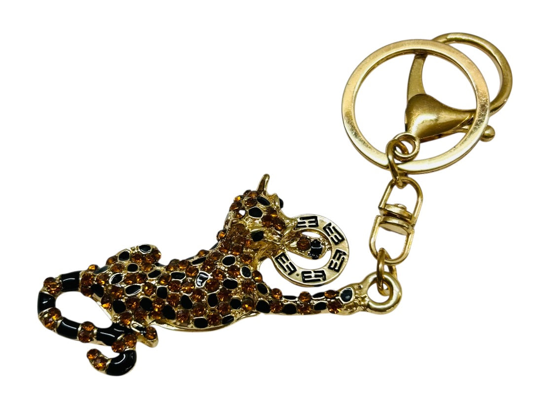 Goldtone Effy Panther Keychain Keyring Bag Clip Rhinestones 5"