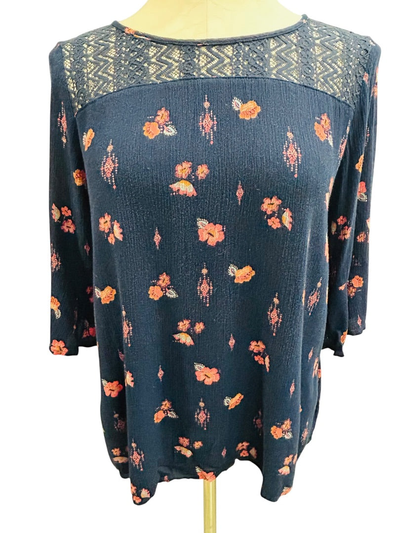 Size 18.5 Mudd Girls Boho Navy Blue Pink Print Blouse Shirt Lace