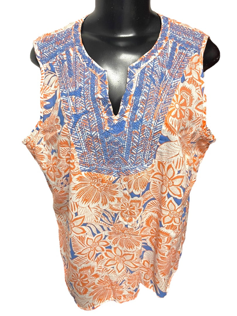 XL Talbots Floral Embroidered Cotton Sleeveless Shirt Boho Pullover