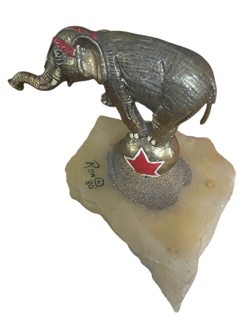 1980 Ron Lee Sculpture Circus Elephant on Ball Quartz Signed Goldtone