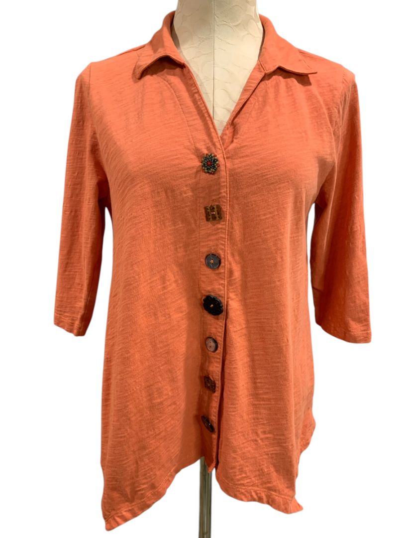 Medium Petite Soft Surroundings Jeweled Button Up Knit Shirt Top Womens