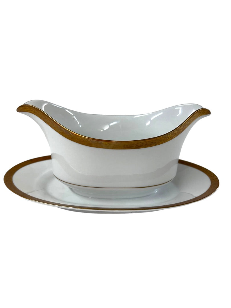Sango Royalty Pattern White Gold Trim Gray Boat with Attached Underplate 1970s