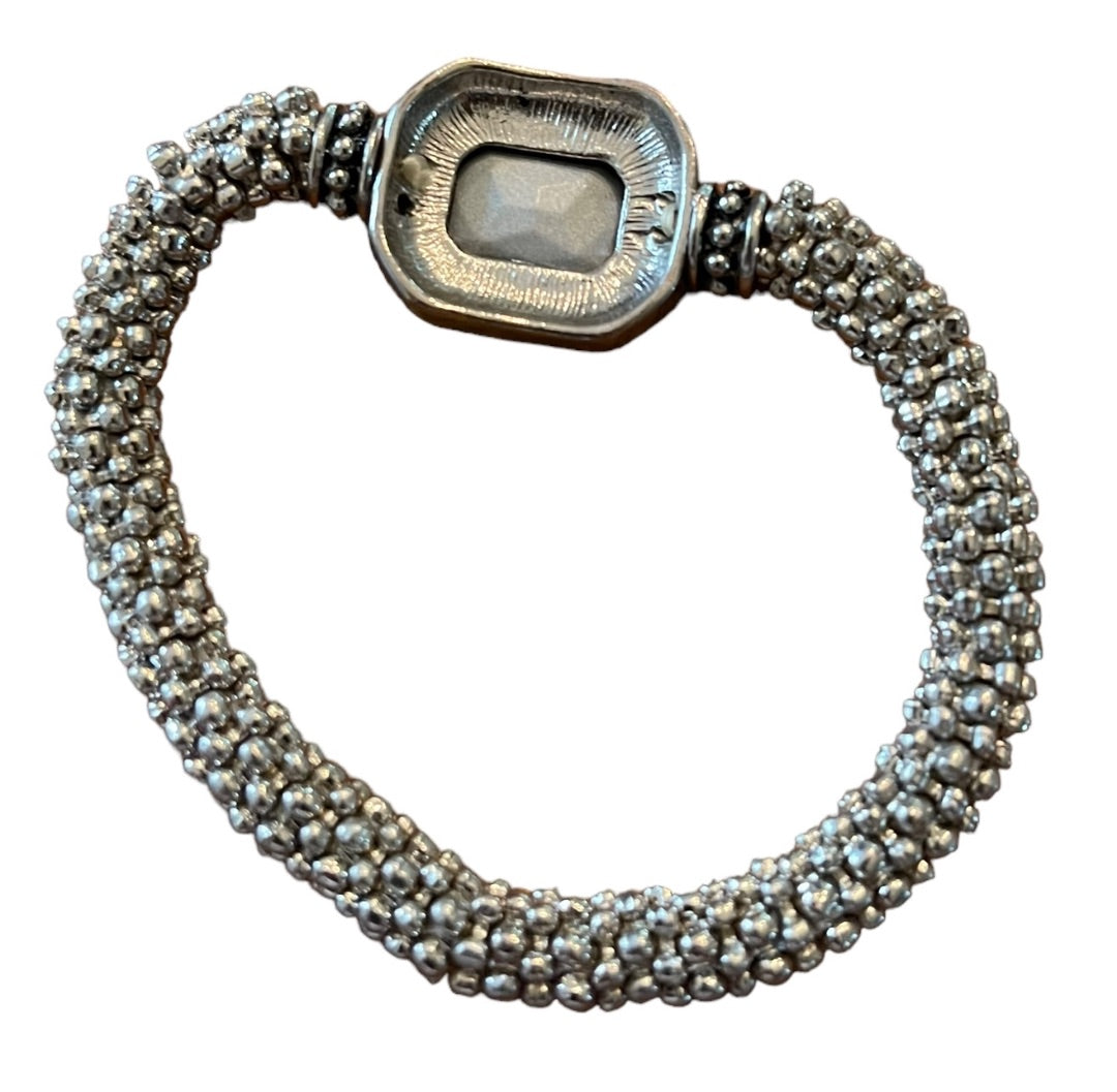Silvertone Roll On Stretch Bracelet Pink Faceted Glass