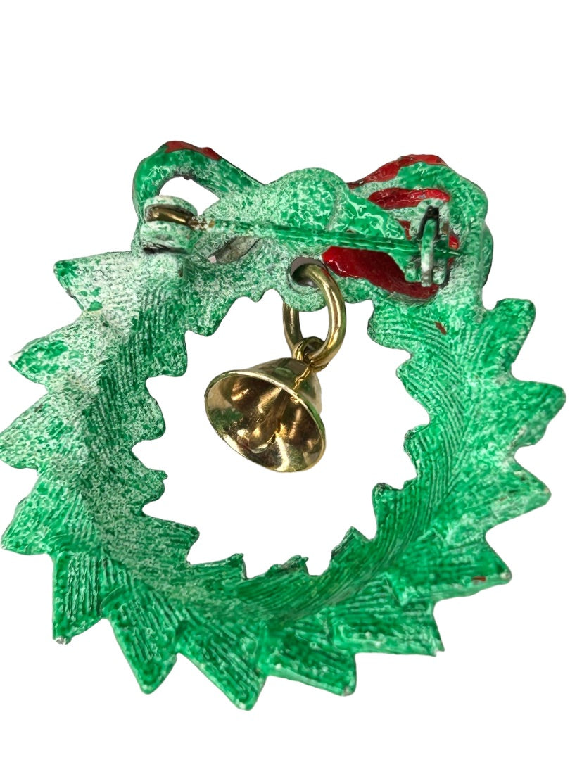 Vintage Holiday Christmas Wreath with Bell Brooch Pin 1 5/8" Diameter