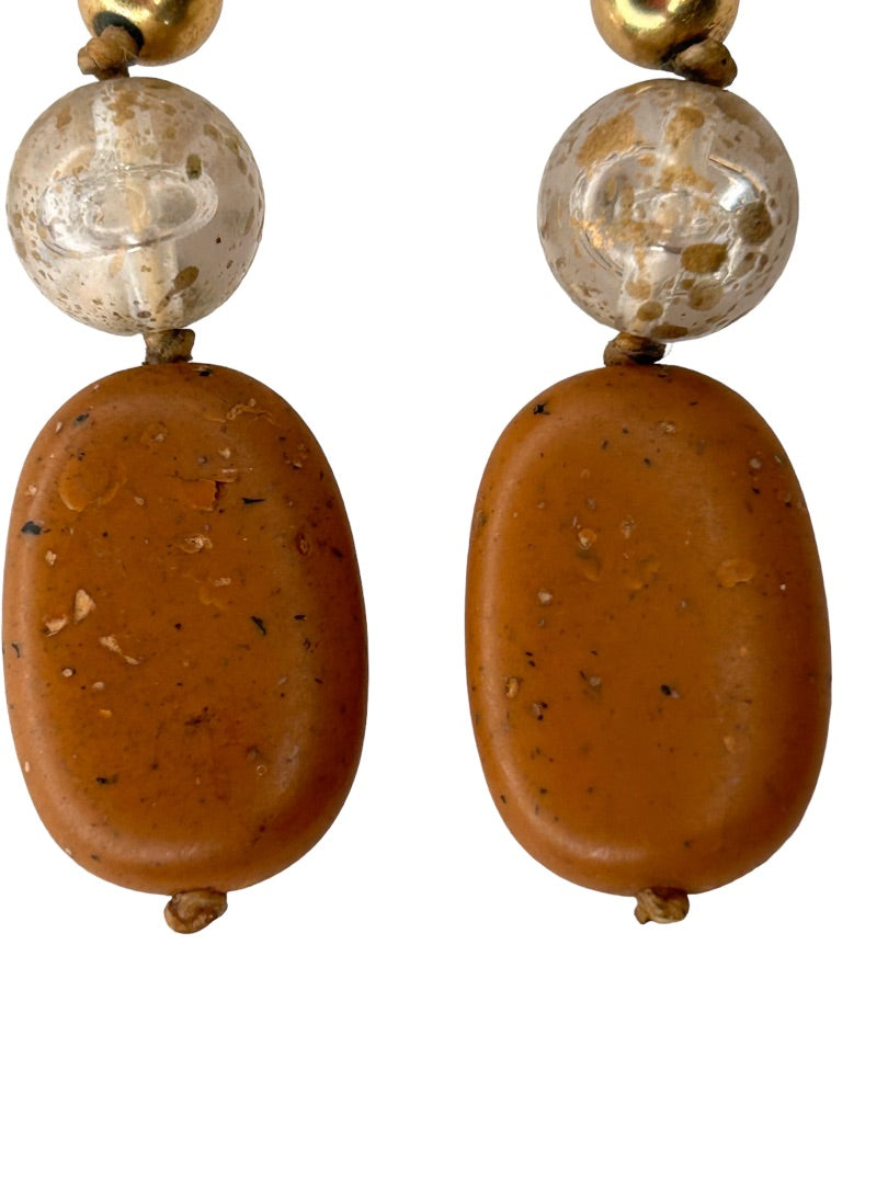 Faux Stone 2 1/8" Drop Dangle Pierced Earrings Hook Brown