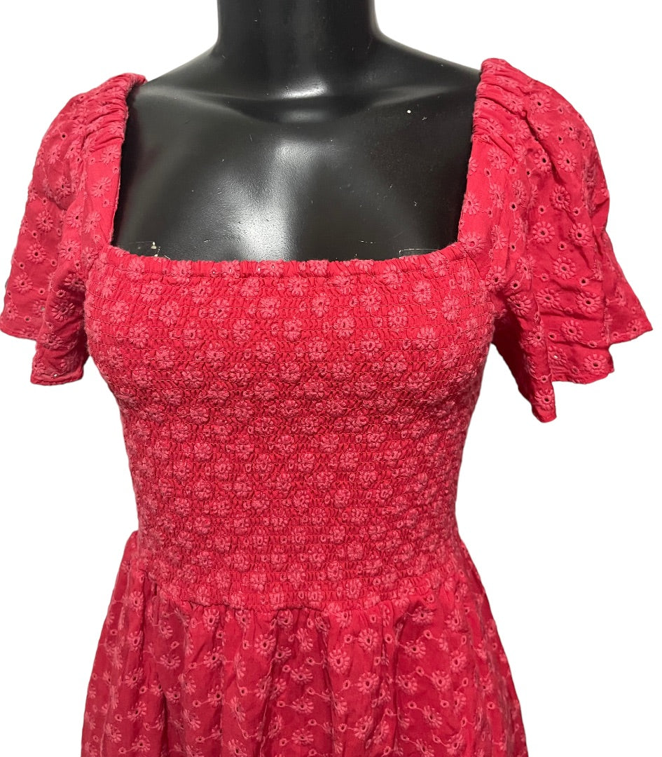 XS Madewell Eyelet Lucie Smocked Mini Dress Pockets Pink