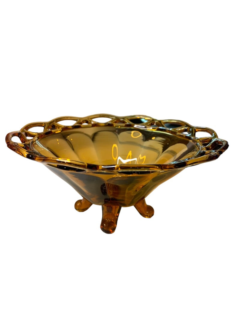 Pitman Dreitzer Lancaster Colony 1960s Amber Three Footed Glass Bowl 7.5"