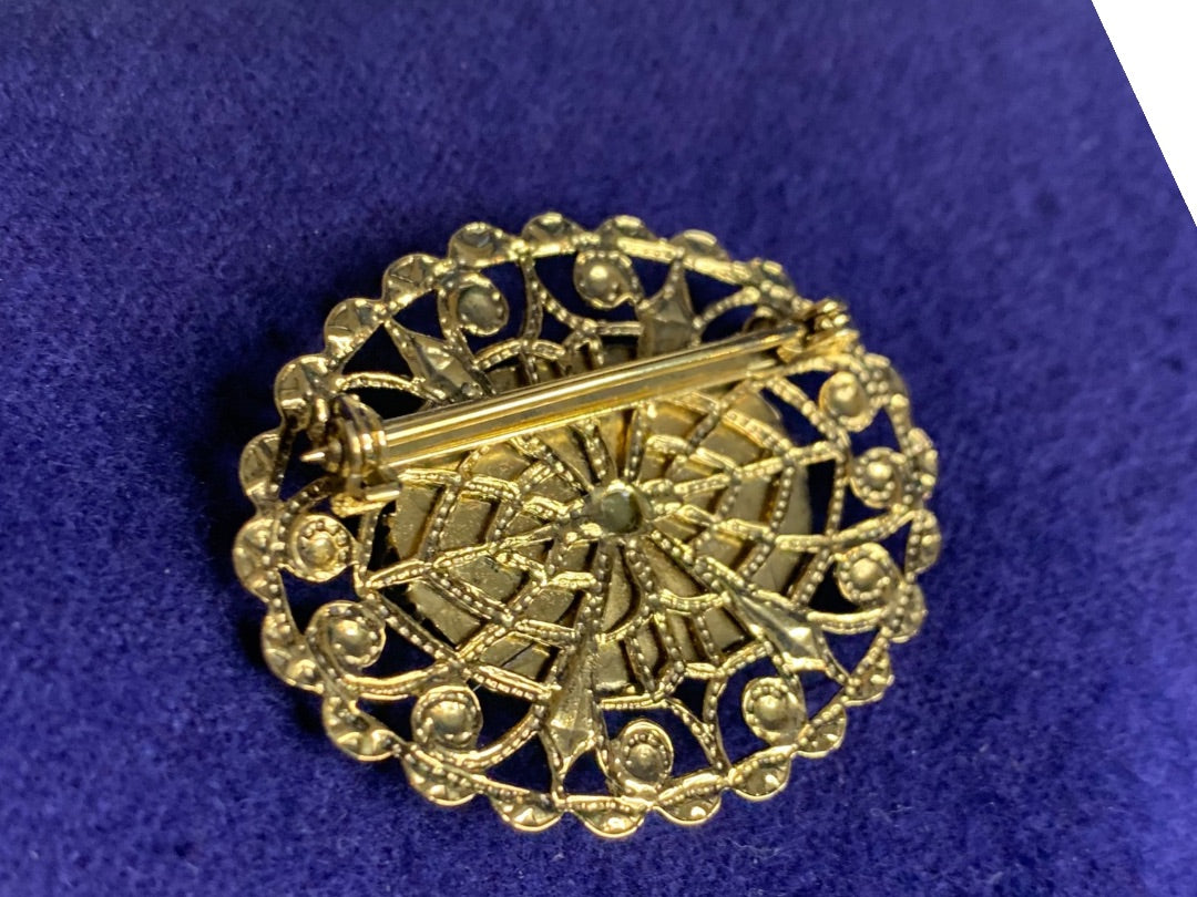 Goldtone Filigree Brooch Pin Oval Faux Pearl