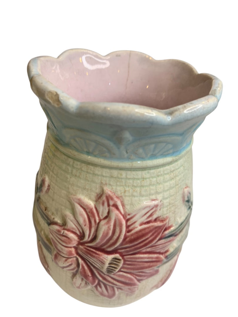 Antique Majolica Floral Vase 5.25 Inch Pink Blue Marked "H"