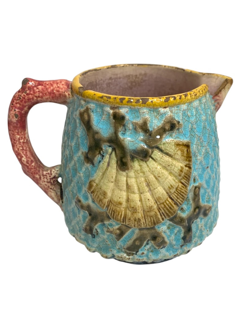 Antique Majolica Creamer Pitcher Fielding Shell Fishnet Turquoise Victorian England