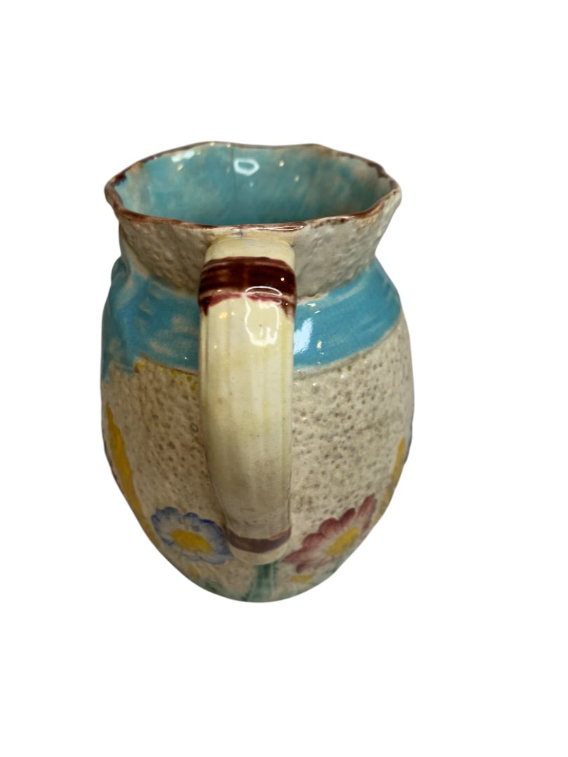 Antique Simon Fielding Majolica Pitcher Pottery Wildflower Blue Bow 4.5 Inch