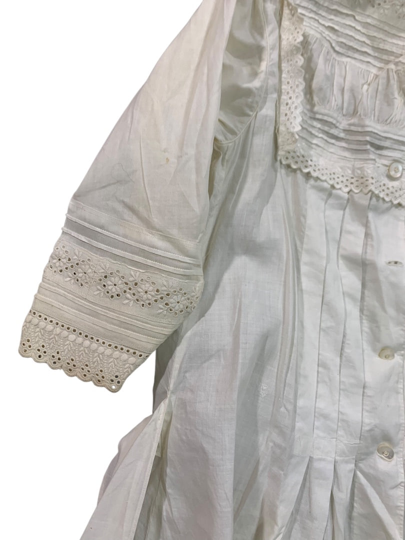 Antique Victorian Girls Gown Dress Eyelet 1800s Button Front Sash