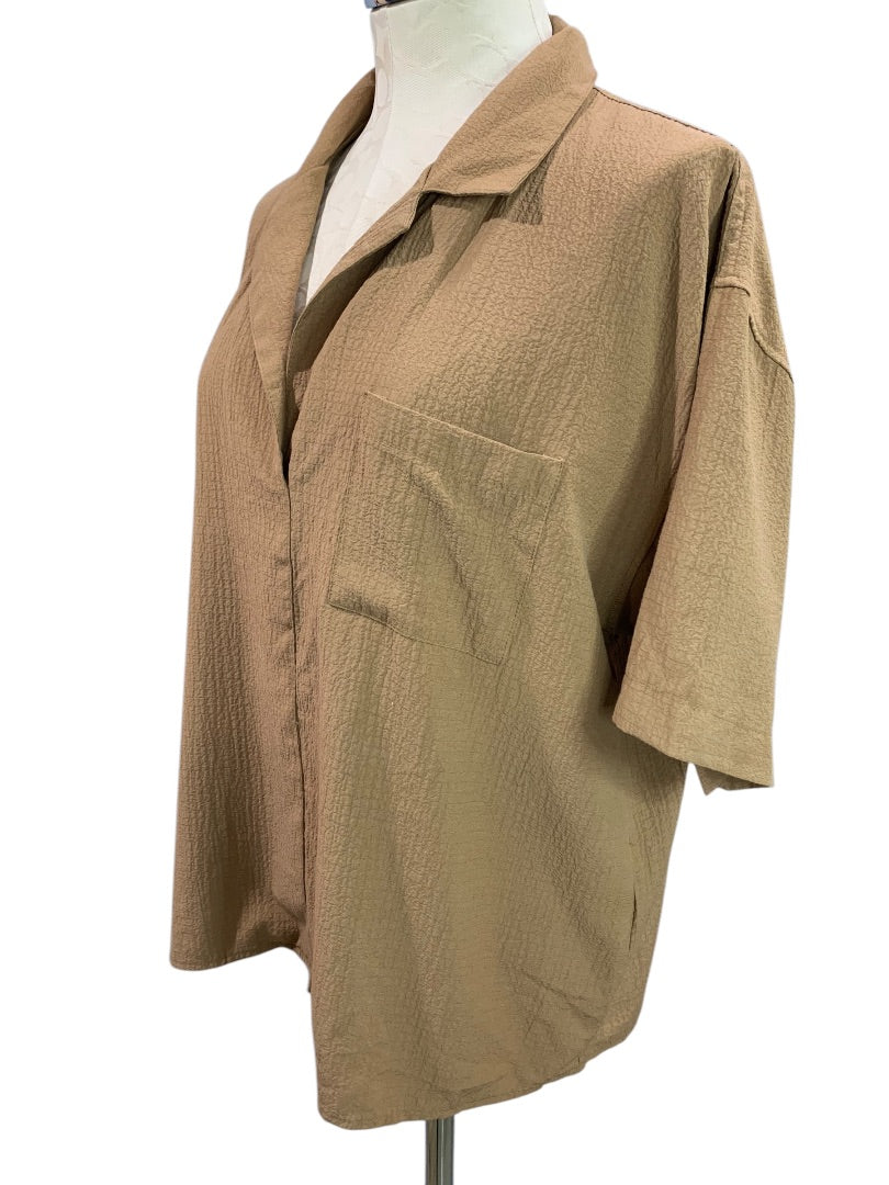 Large Calvin Klein Womens Brown Short Sleeve Button Up Shirt Blouse