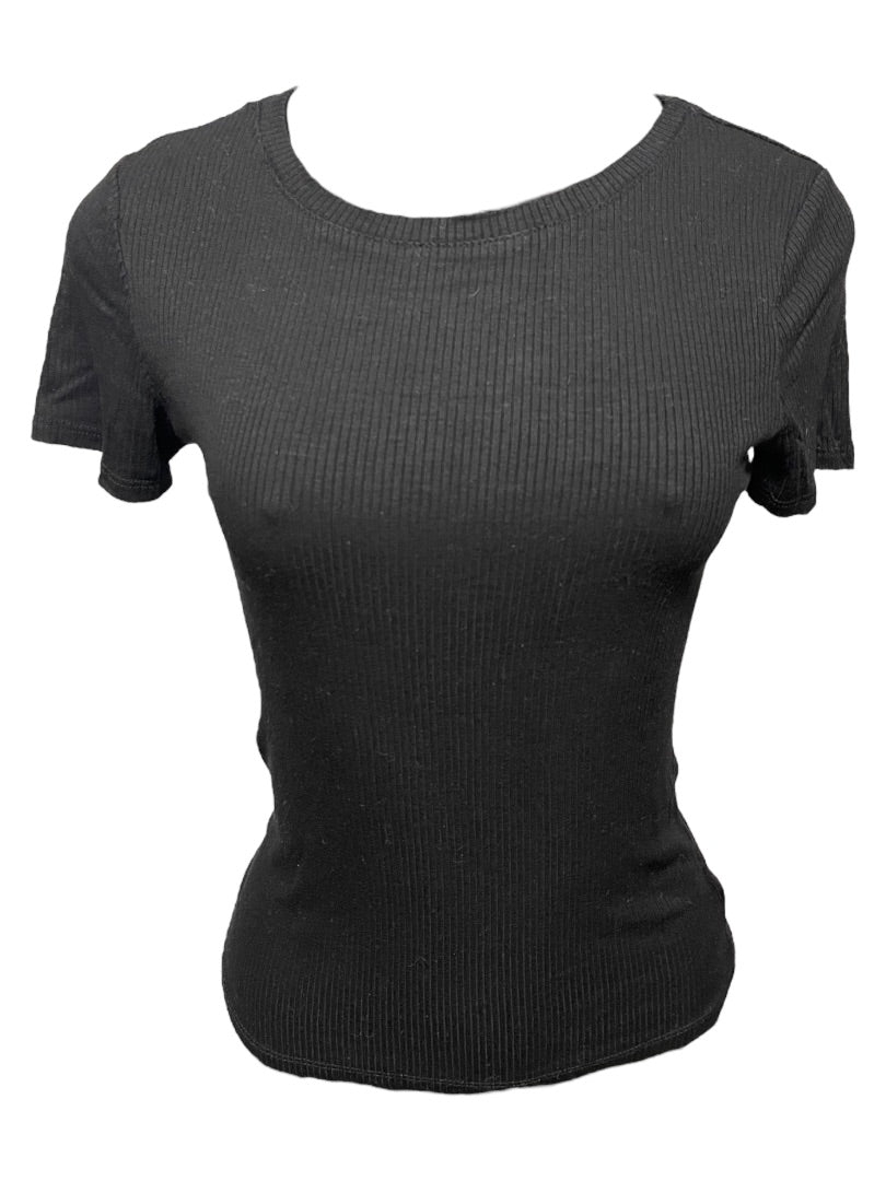 Medium Hashtag In Trend Short Sleeve Ribbed Womens Top Black