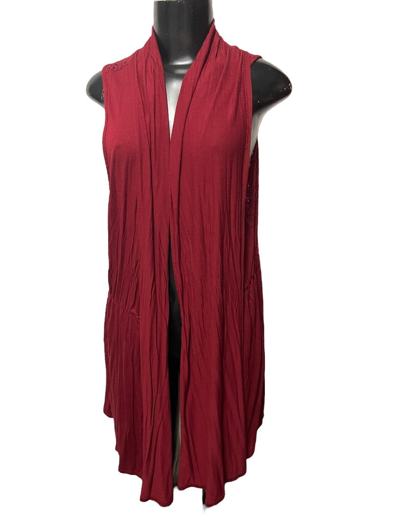 XL Coldwater Creek Womens Burgundy Open Vest Tunic Lace Detail