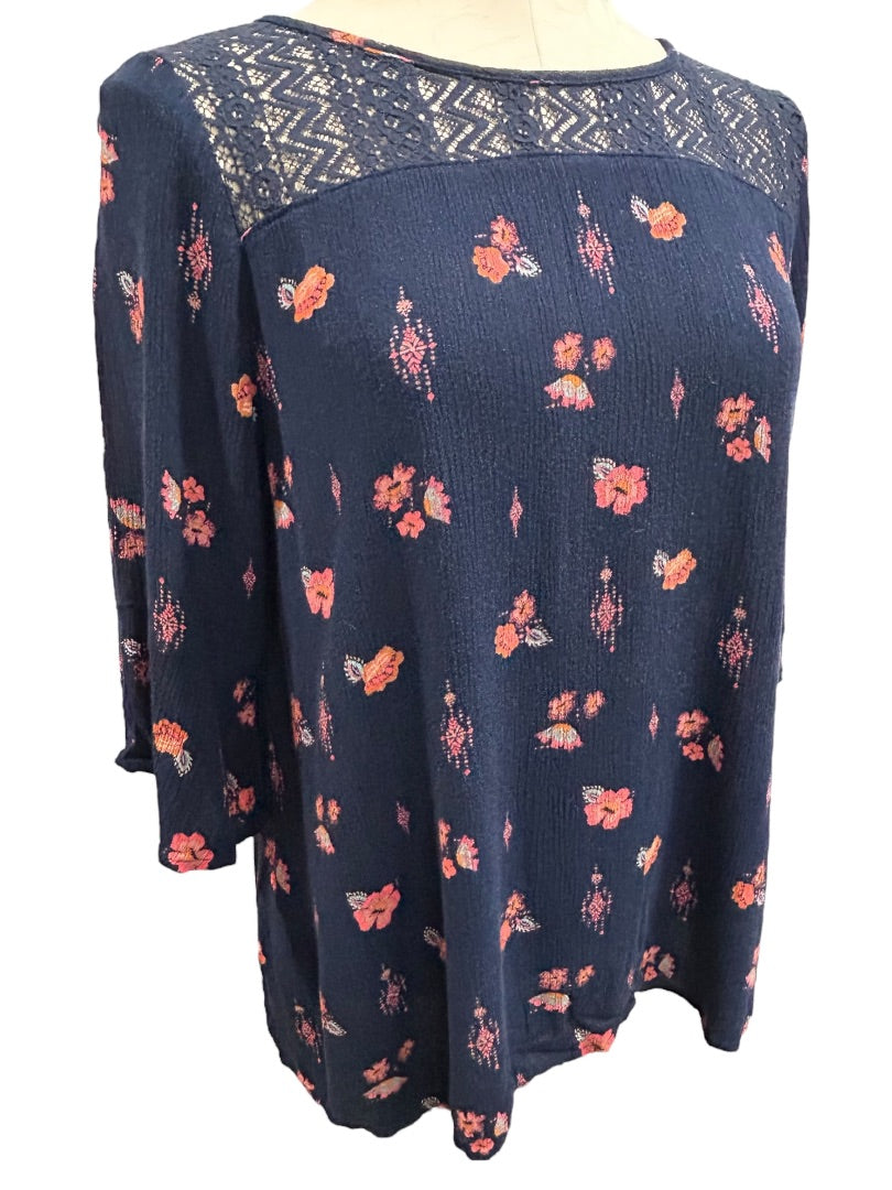 Size 18.5 Mudd Girls Boho Navy Blue Pink Print Blouse Shirt Lace