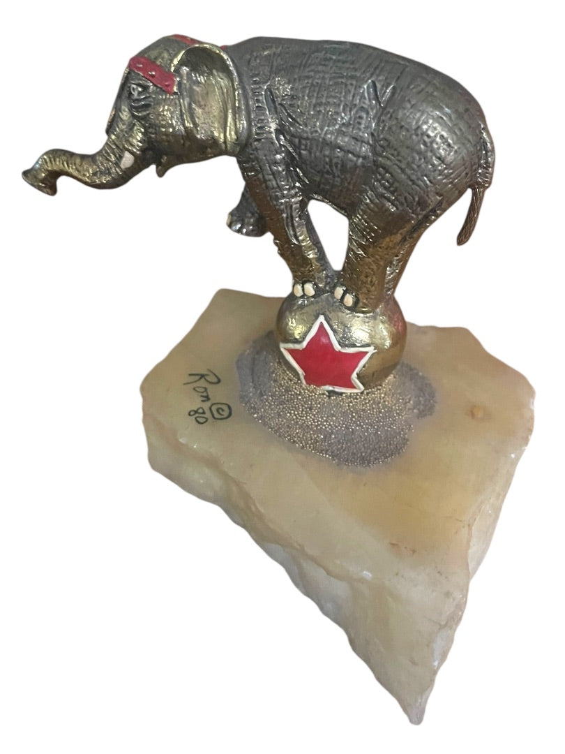 1980 Ron Lee Sculpture Circus Elephant on Ball Quartz Signed Goldtone