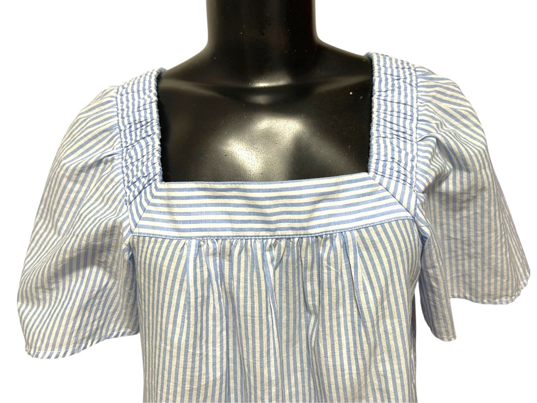 XS Loft Womens Flowy Blouse Shirt Striped Embroidered Blue White