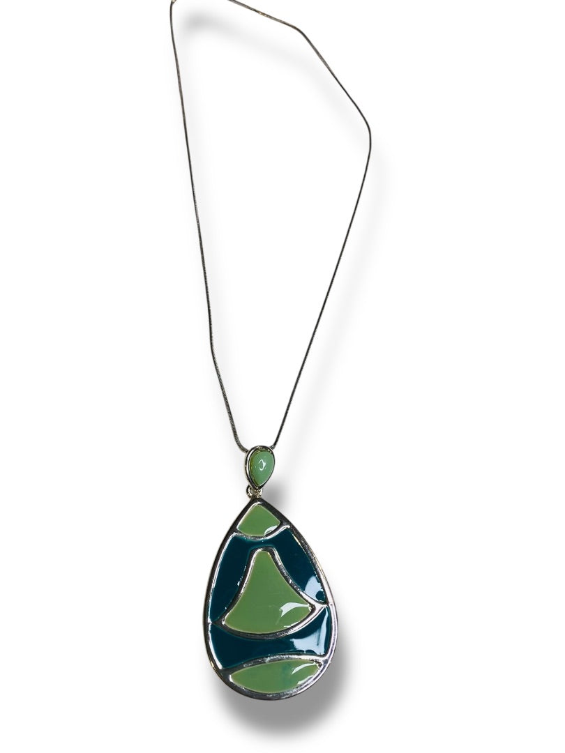 Silvertone Enameled Pendant Necklace 15" Snake Chain 2.5" Pendant