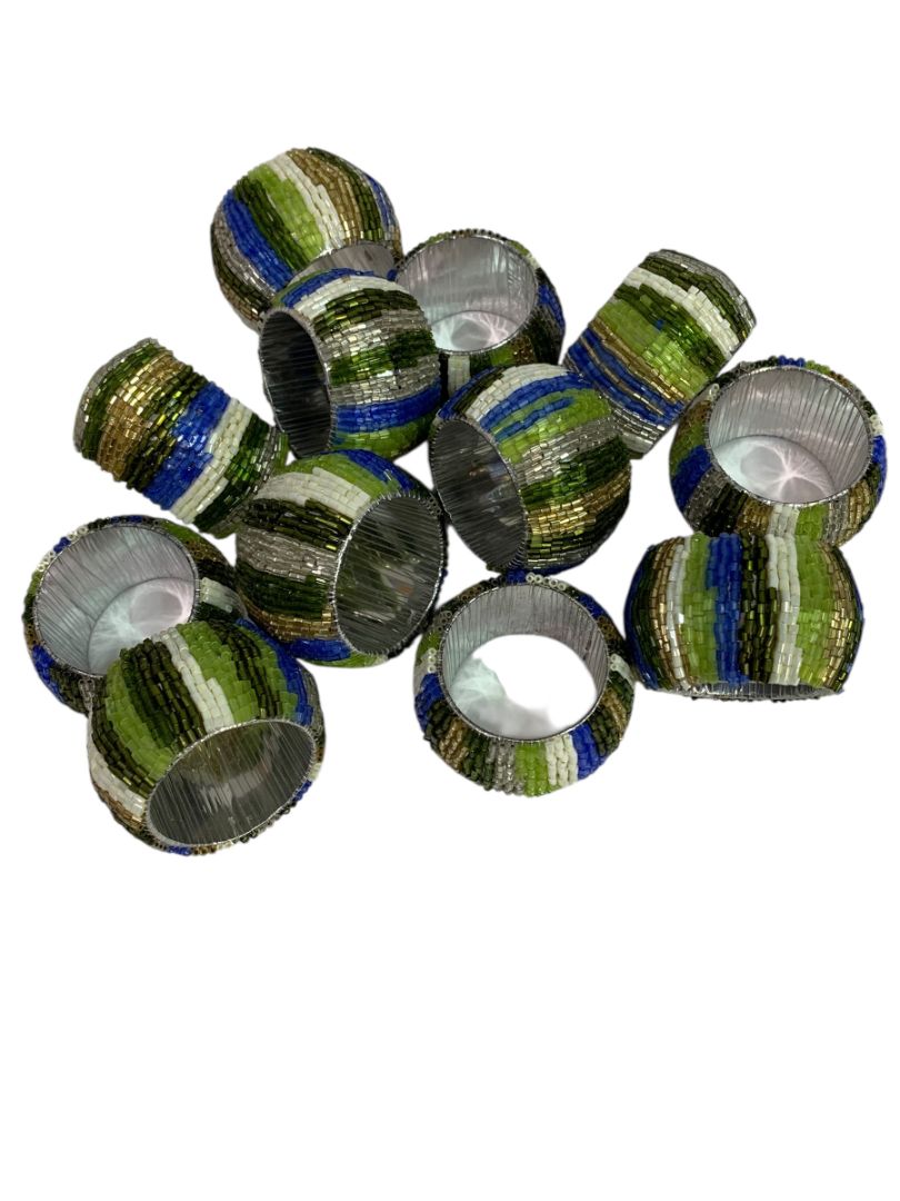 Set of 12 Beaded Napkin Rings Silvertone White Blue Green Stripes