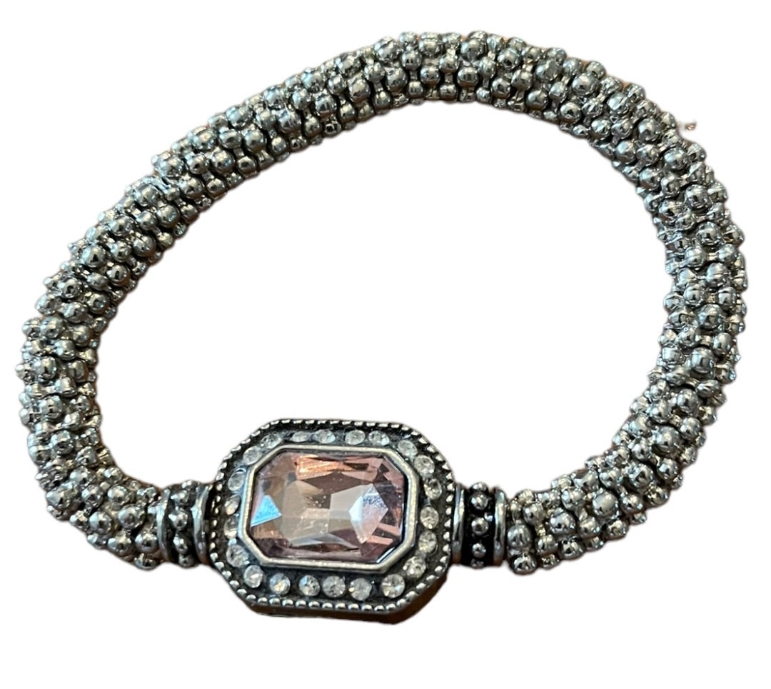 Silvertone Roll On Stretch Bracelet Pink Faceted Glass