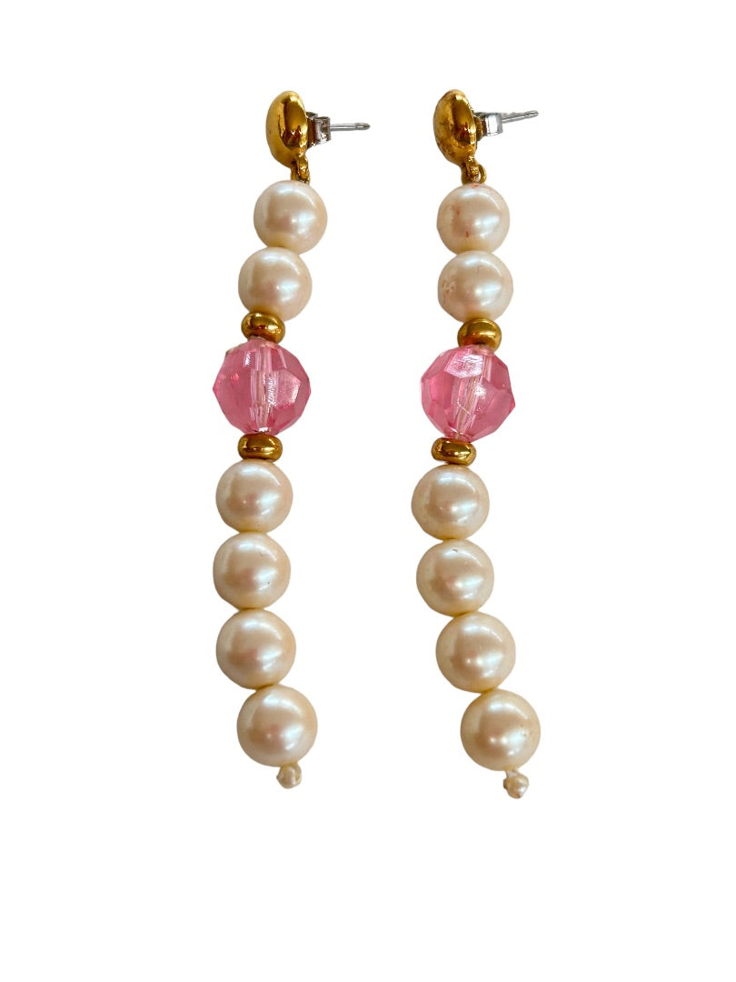 Vintage 3" Dangle Drop Earrings Post Pierced Faux Pearl Pink Beads