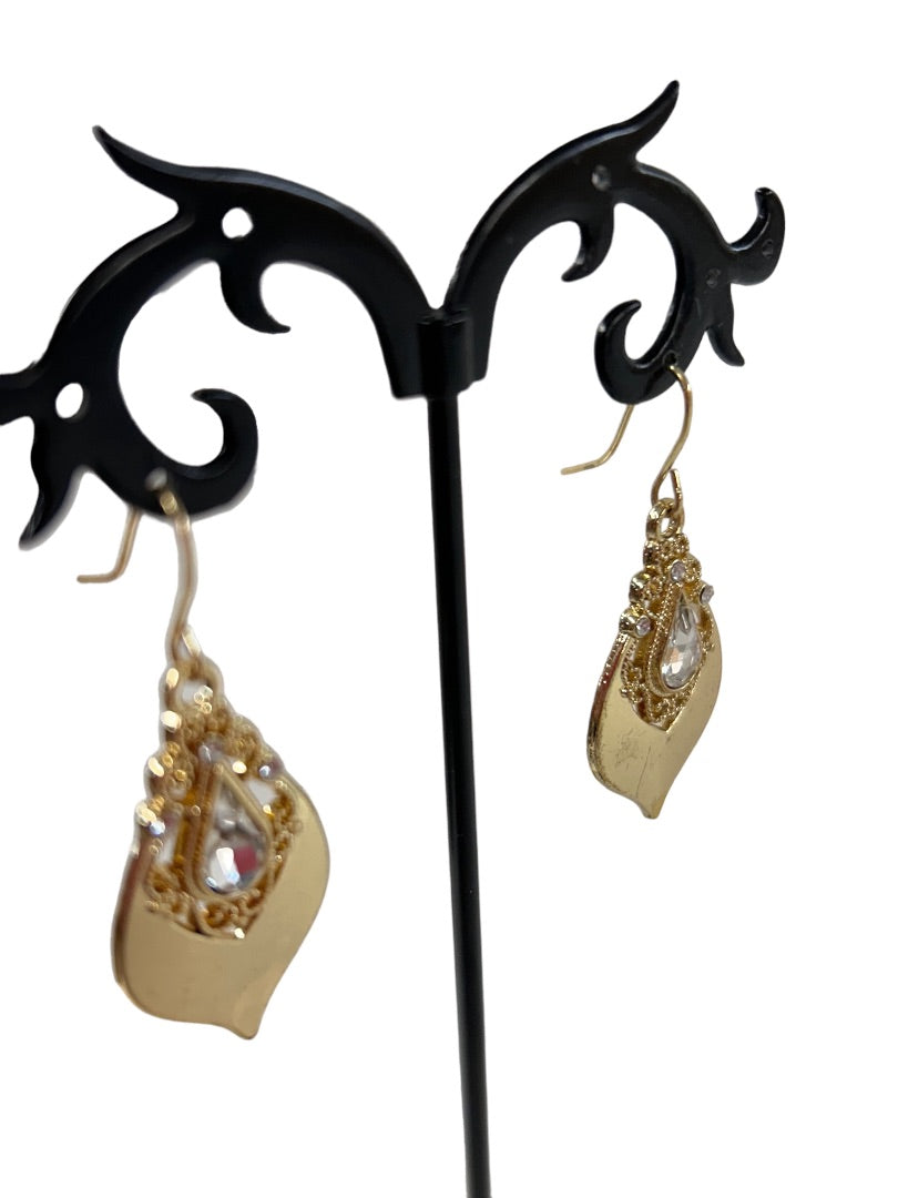 Goldtone Pierced Hook Earrings 1 3/4" Drop Dangle Teardrop Shape