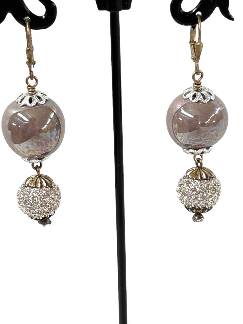 Vintage Leverback Pierced Earrings Crystal Orbs 2.25" Drop Dangle