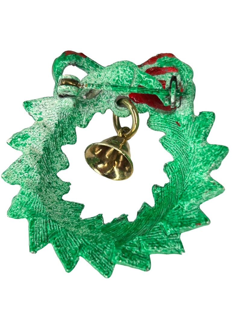 Vintage Holiday Christmas Wreath with Bell Brooch Pin 1 5/8" Diameter