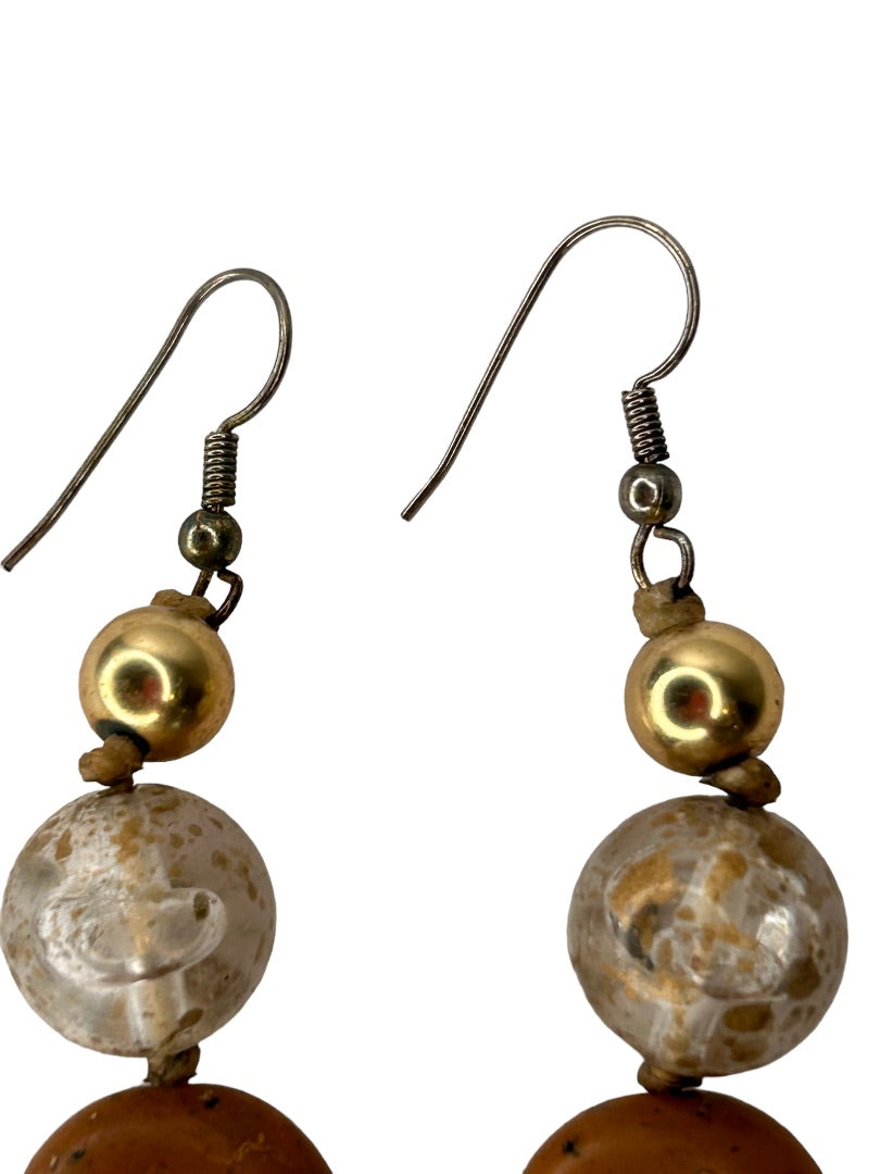 Faux Stone 2 1/8" Drop Dangle Pierced Earrings Hook Brown